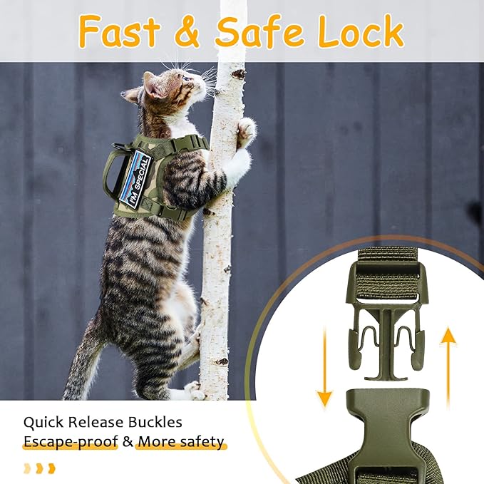 Tactical Cat Harness for Walking, Adjustable Escape Proof Pet Vest for Large Cat,Easy Control Breathable Cat Vest with Handle，Molle Patches (Camo Green, L)