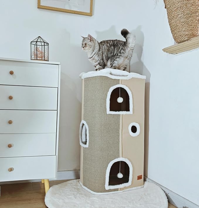 4-Level Cat House for Indoor Cats, Large Adult Cat Peekaboo Cave Bed Cats Cube Houses with Scratch Pad Cat Towers Cute Kitten Condo Hideaway Hut for Multi Pets Under 55 lbs Beige