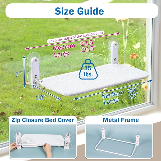 Easy Fold Cat Window Perch - Cordless, Fold-Up, Zip Closure Embeded Machine Washable Bed Cover, Robust Metal Frame - Cat Hammock for Window for Large Cats and Kittens (White, Medium)