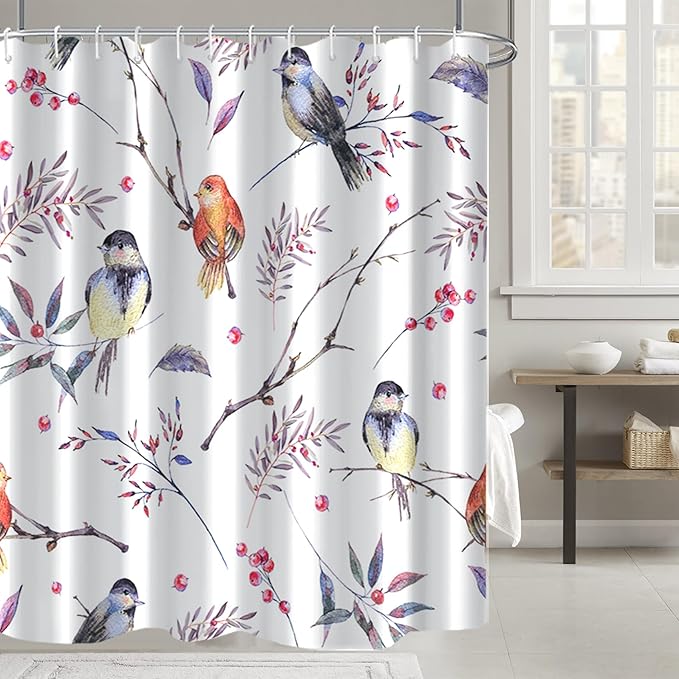AWERT Bird Shower Curtain with Hooks Colorful Cheery Birds on Tree Branch Shower Curtain for Bathroom Waterproof Fabric Bathroom Accessories Bathtub Decor 72x72inch