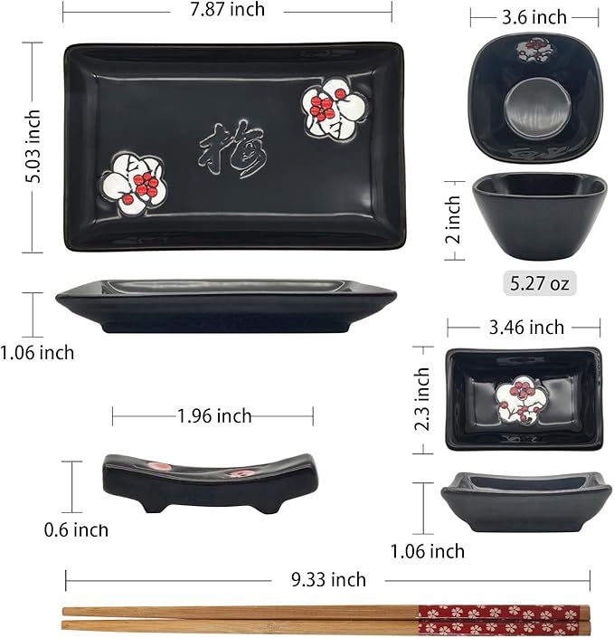 8 pcs Japanese Sushi Plate Sets Serving Platters and Trays for Entertaining Sushi Dishes Set Plates Sushi Plates Traditional Cuisine Dinnerware Sets with Chopsticks Black Plum