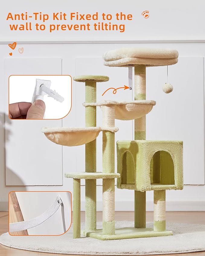 Taoqimiao Cat Tree, 39.4-Inch Cat Tower for Indoor Cats,Suitable for Kittens,Plush Cat Condo with 5 Scratching Posts, Plush Perch,2 Hammock,Pompoms, MS019GB Green and Beige