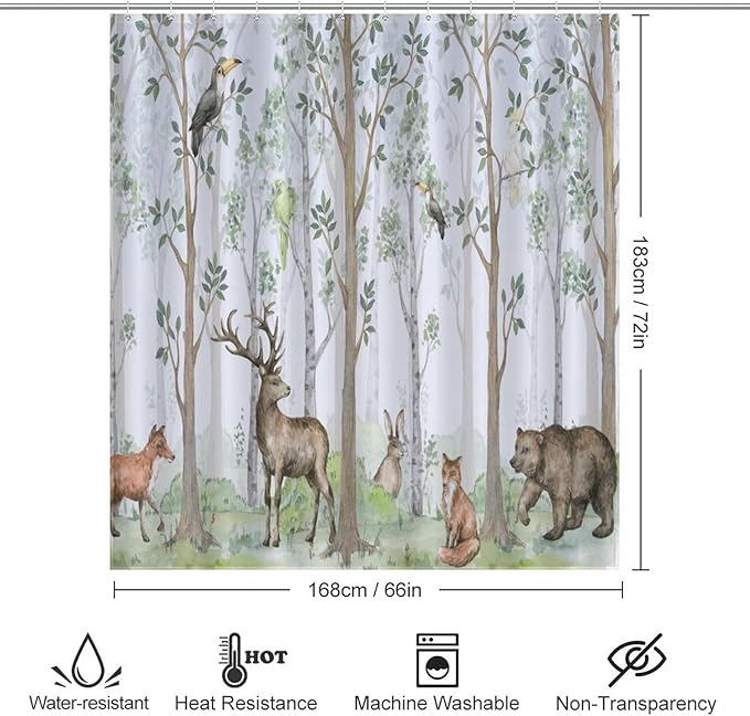 Animal Forest Watercolor Shower Curtains for Bathroom, Cartoon Bear Deer Fox Birds Rabbit Green Woodland Pattern Decor Bath Drapes Set with Hooks, Waterproof Fabric Windows Treatment, 66x72in