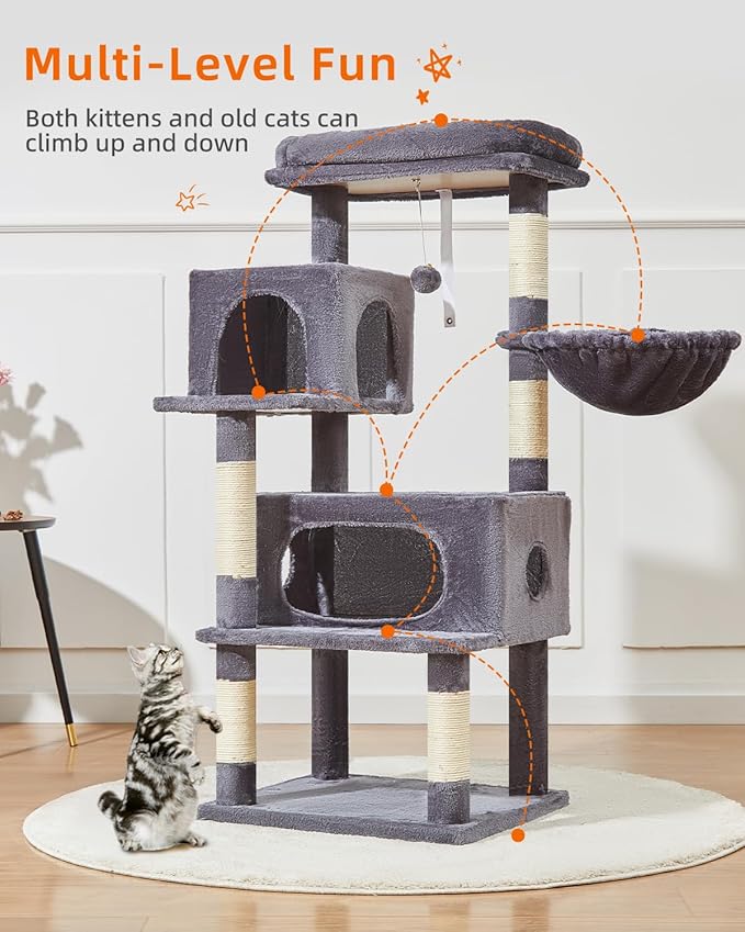Taoqimiao Cat Tree,48.8-Inch Cat Tower for Indoor Cats,2 Luxurious cat condo with Adjustable Large Hanging Baskets and Large Luxurious Perch Smoky Gray MS029LG
