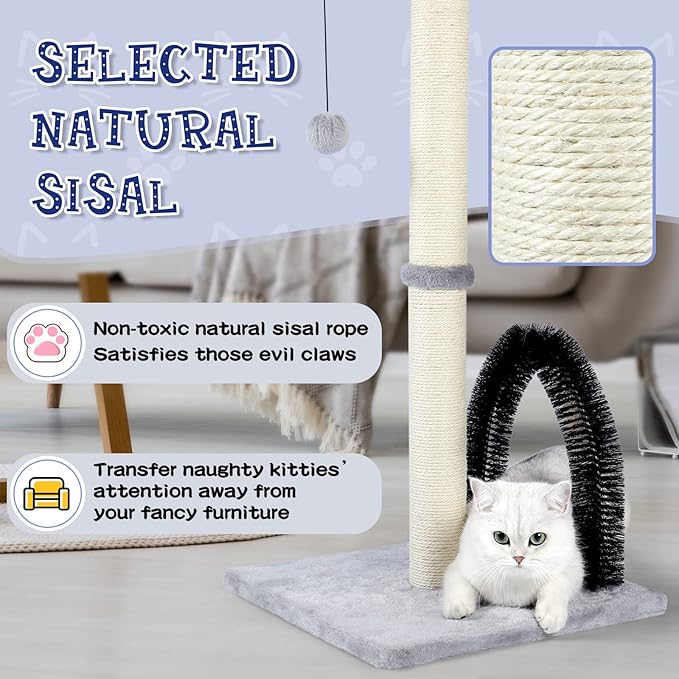 ANWA Tall Cat Scratching Post with Arch Self Groomer Massager, 32" Scratching Post for Indoor Cats from Kitten to Adult Cats, Stable Sisal Cat Post with Extra Interactive Dangling Plush Toy