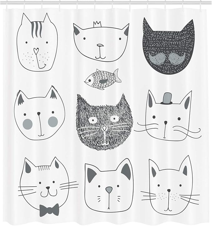 Ambesonne Cat Shower Curtain, Pets Moustache Bow Tie Hat Crown Fluffy and Fish Humor Faces Graphic, Cloth Fabric Bathroom Decor Set with Hooks, 69" W x 70" L, Taupe Grey