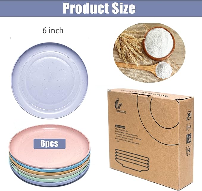 6 PACK 6 Inches wheat straw plates, Unbreakable Deep Dinner Plates, Plastic Plates Reusable, Assorted Colors Dinnerware Sets, Microwave & Dishwasher Safe, Healthy for Kids & Adult