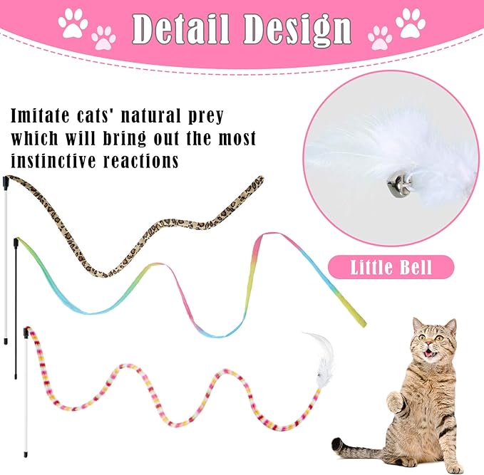 6 Pieces Cat Toys Interactive Cat Wand Toys with Feather and Bell Safe Cat Teaser Catcher Stick Toy Colorful and Sounding Christmas Wand Toys for Cats Kittens Training Pets Exerciser