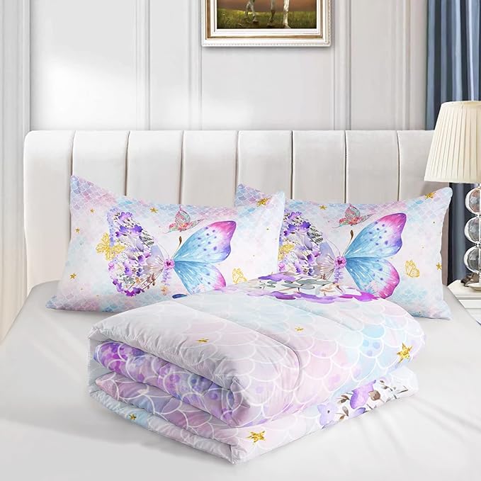 Axolotl Butterfly Bedding Queen,Rainbow Butterfly Comforter Set for Girls Teens,Butterfly Bedding for Girls with Golden Star Scales Pattern,Butterfly Printed Quilt Set with 1 Comforter 2 Pillowcases