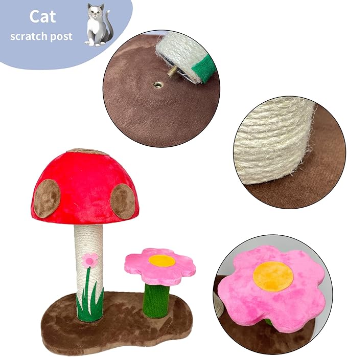 Fhiny Mushroom Cat Scratching Post, Natural Sisal Kitten Scratcher Claw Pole Cute Kitty Toy for Indoor Kitten Training Interactive Small Cats Tree