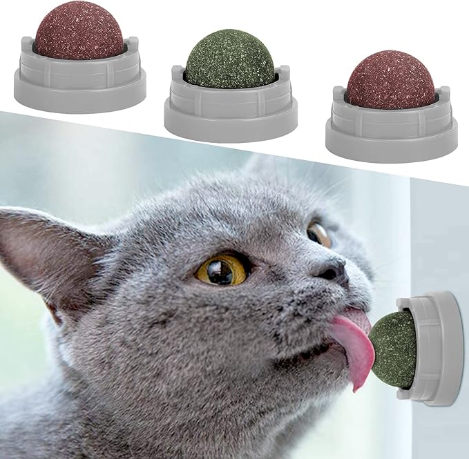 3 Pack Catnip Balls, Catnip Ball for Cats Wall, Edible Kitty Toys for Cats Lick, Safe Healthy Kitten Chew Toys, Teeth Cleaning Dental Cat Toys, Cat Wall Treats (Grey)