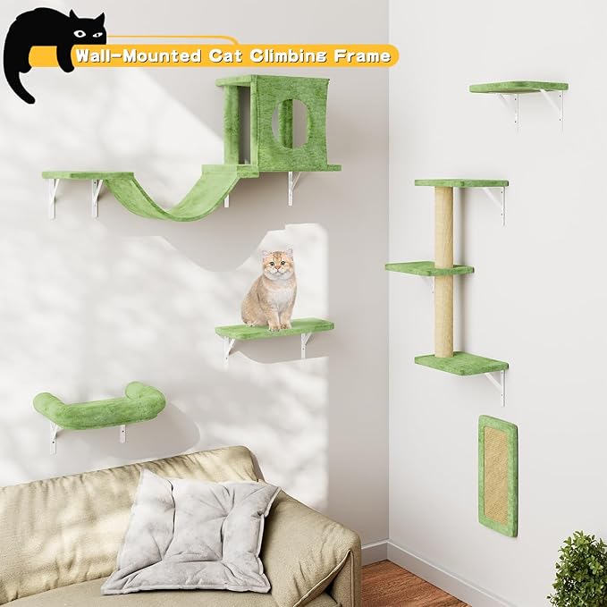 Wall Mounted Cat Furniture, 6pc Cat Wall Furniture, Cat Climber with Cat House, Bridge, Tree, Steps, and Scratcher, DIY Cat Walls Playground, Cat Shelves for Indoor Wall Furniture Set - Green