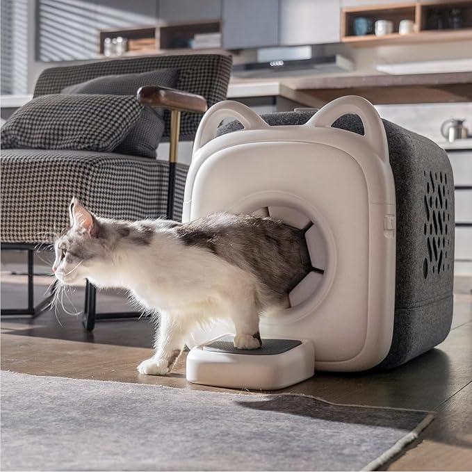 AutoComb Automatic Cat Self Groomer, 360° Surround Self Grooming For Cats, Self Cleaning brush with biomimetic cat tongue brush & smart feeder, White