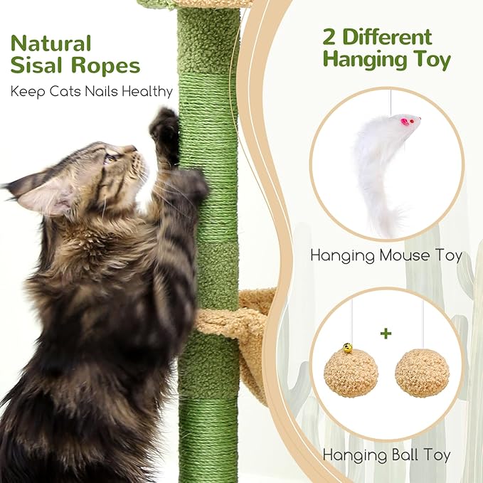 F49C Cactus Cat Tower for Indoor Cats, Cactus Series 49inch Cat Climbing Tower Cat Tree with Hammock, Scratching Post, Large Cat Condo House, Cactus Green