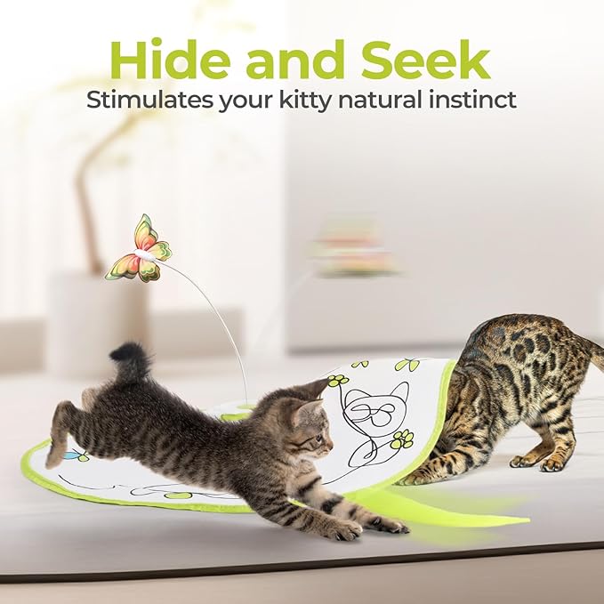 ALL FOR PAWS 2 in 1 Cat Toys Hide-N-Seek Cat Wand Toy Automatic Kitten Flutter Toy with Butterfly Spinner, Cat Moving Feather Toy for Indoor Cats