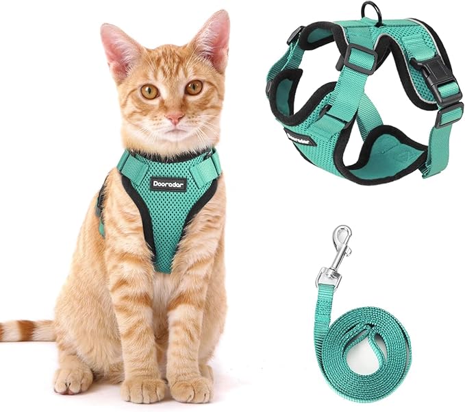 Dooradar Cat Harness and Leash Set, Escape Proof Safe Adjustable Kitten Vest Harnesses for Walking, Easy Control Soft Breathable Mesh Jacket with Reflective Strips for Cats, Green, XXS