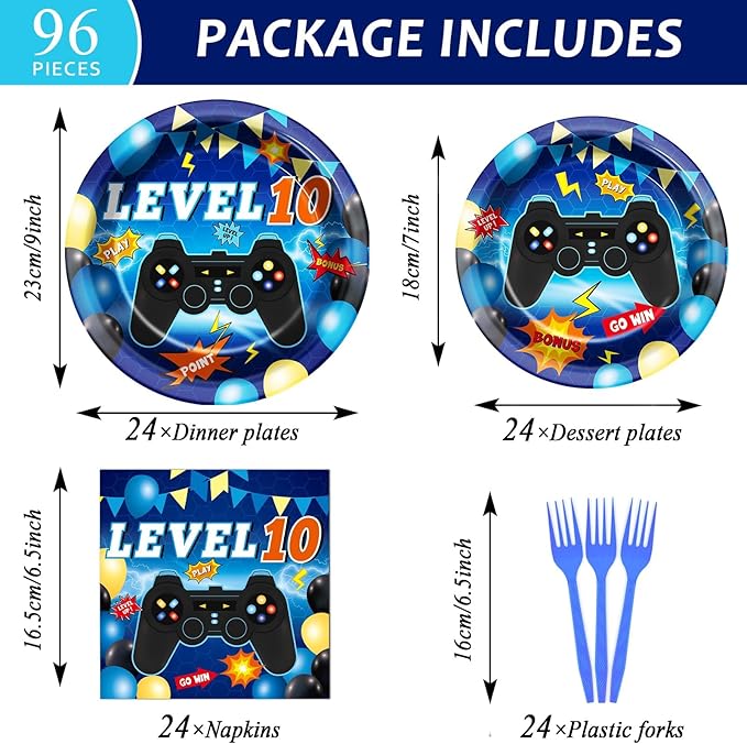 96Pcs 10th Birthday Video Game Party Supplies Blue 10th Plates and Napkins Tableware Set Level 10 Party Decorations for Boys Gamer Birthday 10 Year Old Party Favors for 24 Guests