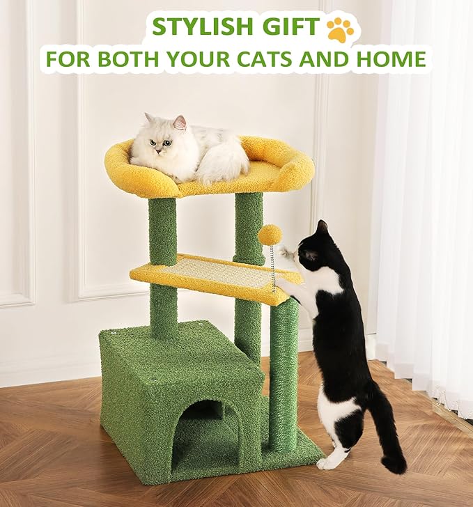 Made4Pets Cat Tree, Small Cat Tower for Indoors Cats, Cute Wood Kitty Condo with Scratching Post and Pad, 29" Multi-Level Modern Activity Climbing Furniture for Small and Medium Cats, Green