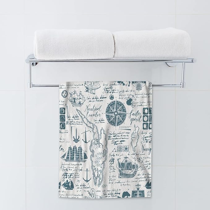 AOYEGO Nautical Beach Towels Vintage Manuscript with World Map Boats Caravels Wind Rose Anchors Microfiber Soft Towels for Bath Hair Hand Towel for Women/Men/Girls/Boys 15x30 Inch