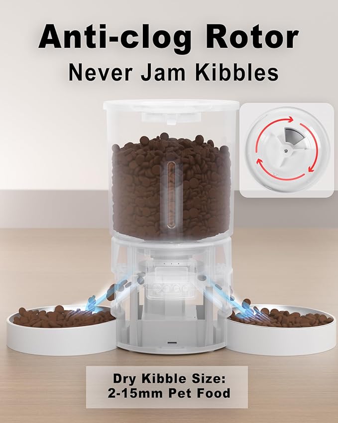 Automatic Cat Feeder for 2 Cats,4.2L Flexible Schedule,6 Meals/Day,1-12 Portions/Meal,Dual Power Auto Dual Pets Feeder Dry Food Dispenser,10S Voice Record(White,4.2L+Stainless Steel 2 Bowls)