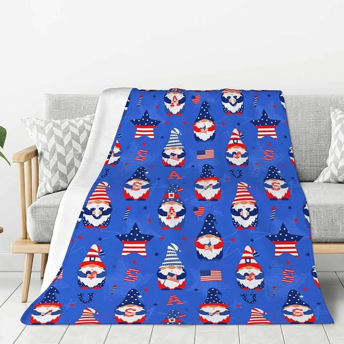 American Gnome Patriotic Blanket Throw 80"x60", Plush Flannel 4th of July Memorial Day Blanket, Soft Warm Decorative for Kids Women Adults