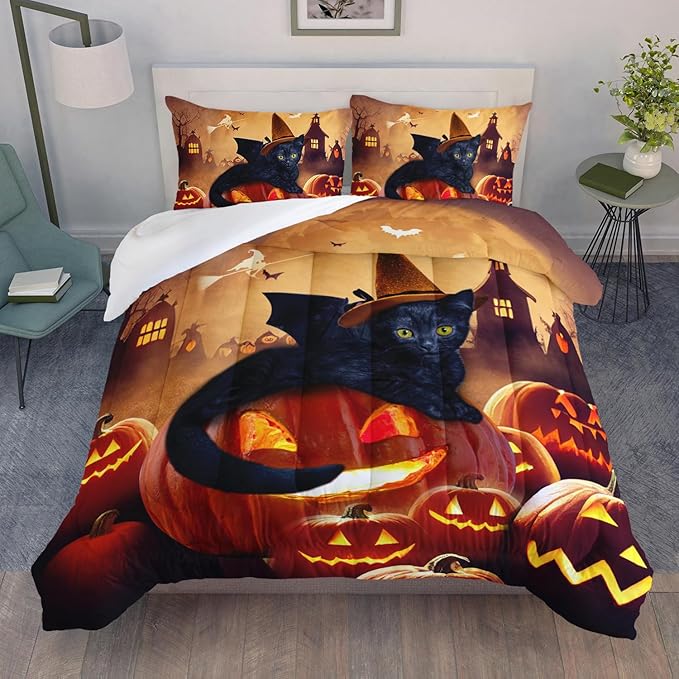AILONEN Cat Halloween Comforter Set Twin Size,Scary Pumpkin Lantern Black Cat Bedding Set for Boys Girls Room Decor,Retro Gothic Duvet Set 3 Pieces, 1 Quilt and 2 Pillowcases