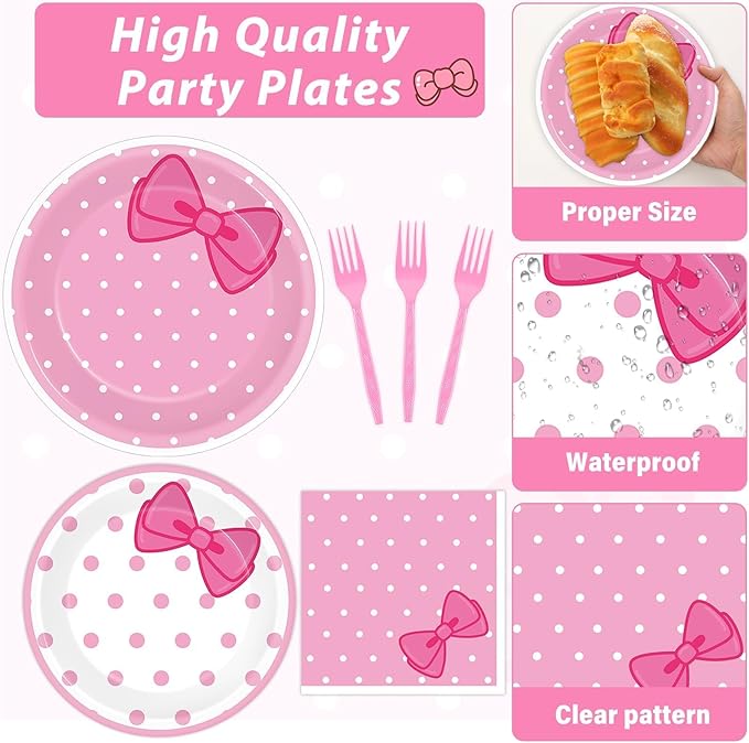 96 Pcs Pink Cat Party Supplies Pink Bow Plates and Napkins Tableware Set Decor Cute Cat Cake Dessert Plates Table Decorations for Birthday Baby Shower Cute Bow Party Favors for 24 Guests