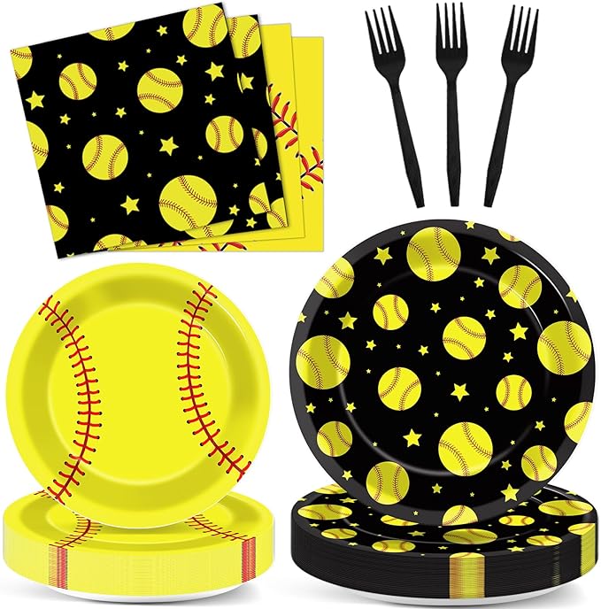 96Pcs Softball Birthday Party Supplies: 24 Servings - Black & Yellow Softball Tableware Set - Plates, Napkins, Forks - Sports Theme Party Kit