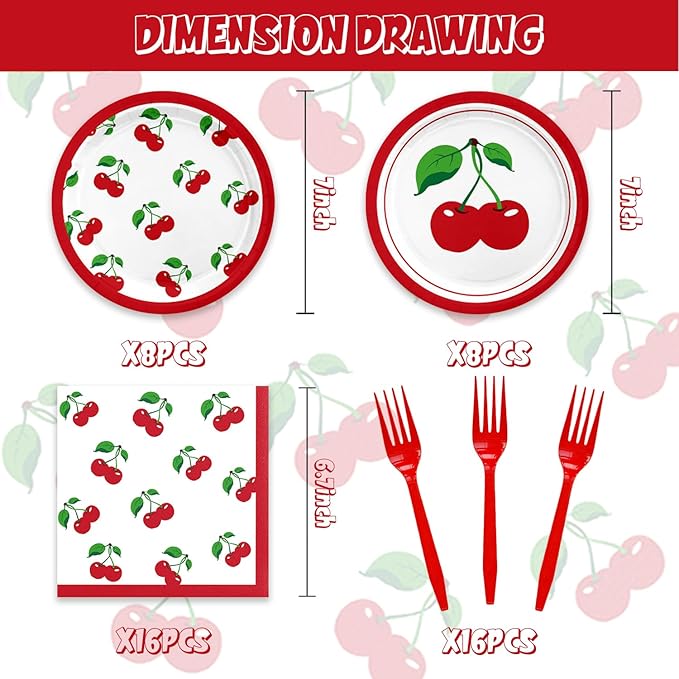 48Pcs Cherry Birthday Decorations Fruit Theme Tableware Set Disposable Plates Napkins Forks Serves 16 Baby Shower Cherry Party Decorations