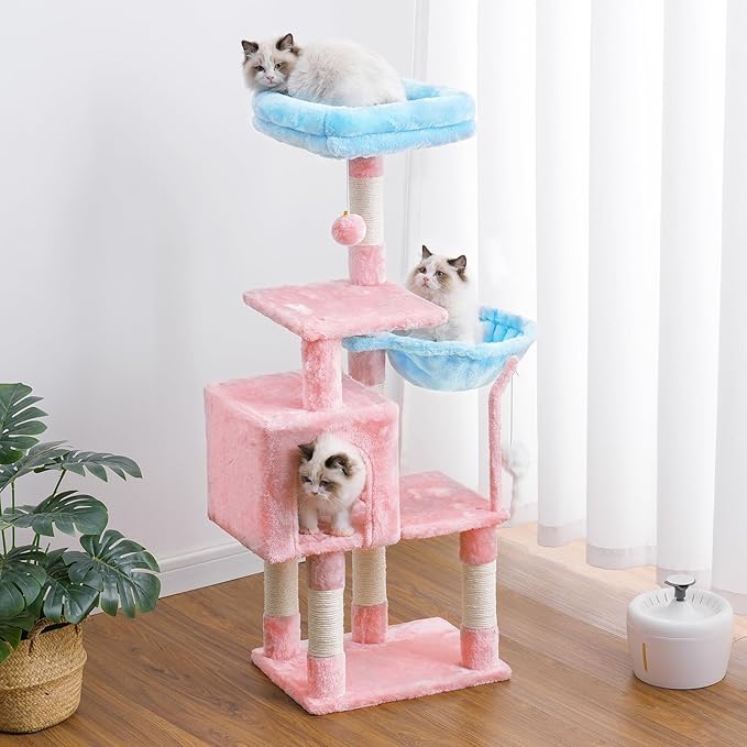 Heybly Cat Tree with Toy, Cat Tower condo for Indoor Cats, Cat House with Padded Plush Perch, Cozy Hammock and Sisal Scratching Posts, Blue and Pink HCT004SBP