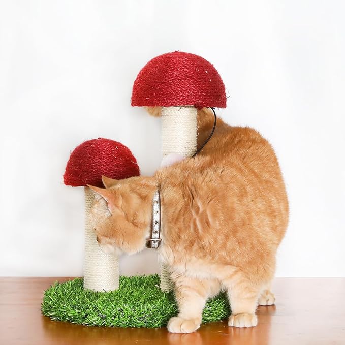 Mushroom Cat Scratching Post, Natural Durable Sisal Scratching Post, Mushroom Scrather Featuring with Sisal Caps Scratch Pole and Interactive Toy Ball, Mushroom Cat Post for Kittens and Small Cats