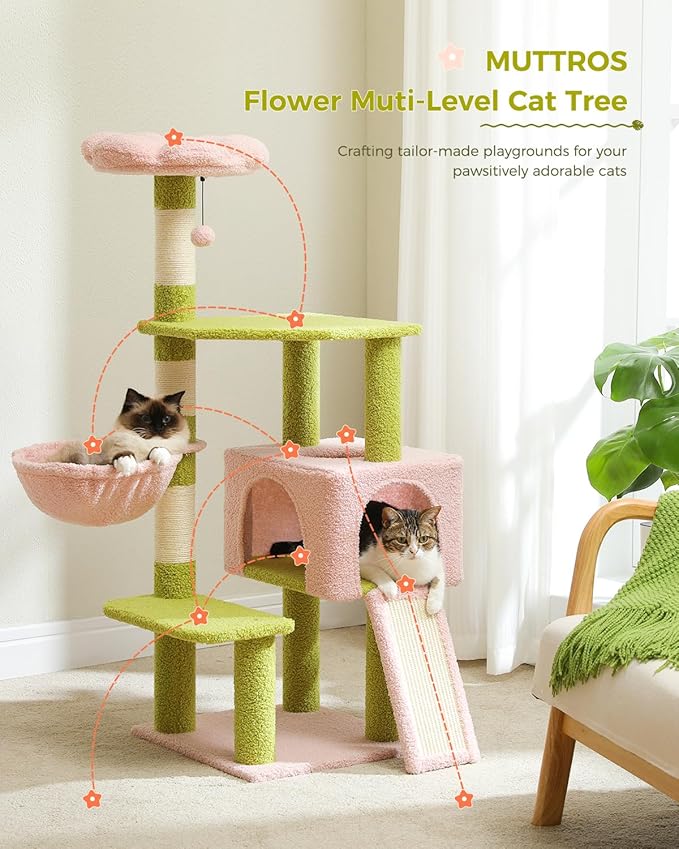 Flower Cat Tree 47.2" Multi-Level Cat Tower with Sisal Covered Scratching Posts, Cute Cat Condo for Indoor Small Medium Cats, Pink Top Perch, Ramp, Fluffy Ball, Pink