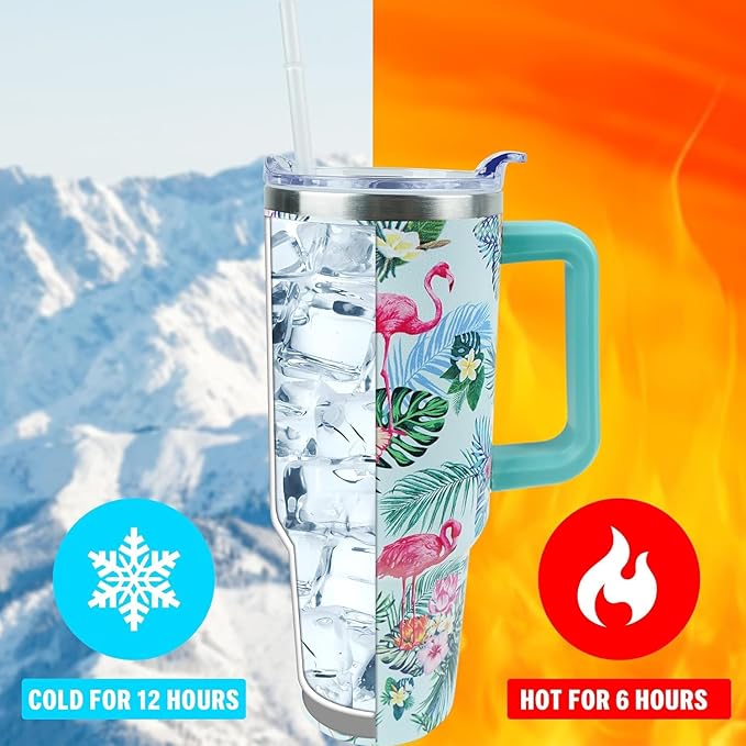 40 oz Tumbler with Handle and Straw, Stainless Steel Insulated Cup with Leak Proof Lid and Straw Lid, Keep Drinks Cold and Hot for Hours(Flamingo)