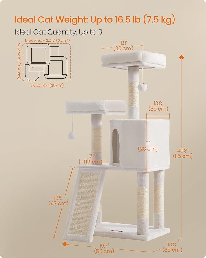 Feandrea Cat Tower, Cat Tree for Indoor Cats, 45.3-Inch Cat Condo with Scratching Post, Ramp, Perch, Spacious Cat Cave, for Kittens, Elderly Cats, Adult Cats, Small Space, Cream White UPCT141W02