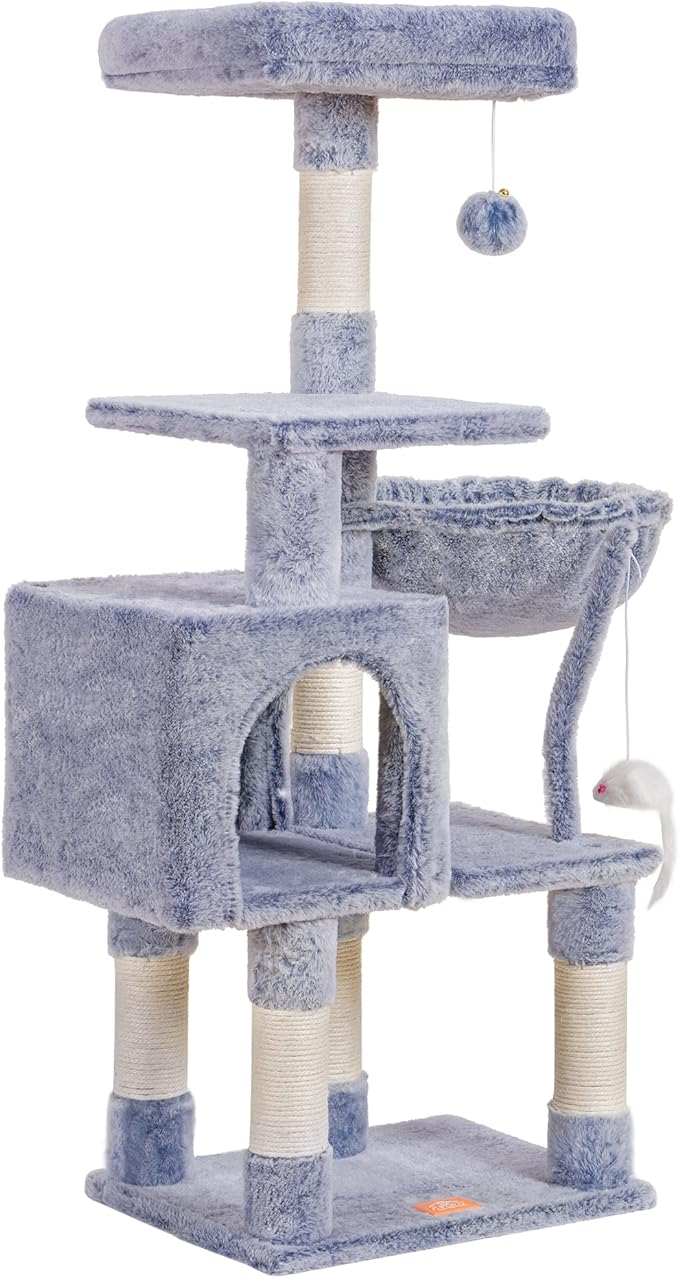 Heybly Cat Tree with Toy, Cat Tower condo for Indoor Cats, Cat House with Padded Plush Perch, Cozy Hammock and Sisal Scratching Posts, Pewter HCT004SPE
