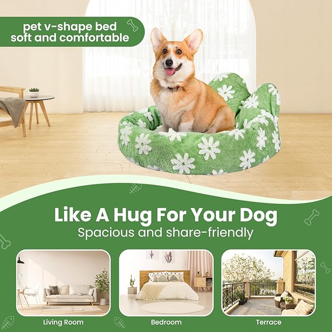 Cat Bed & Dog Bed, Removable Cozy Soft Cat Bed Washable Round Cute Dog Bed with Jacquard for Small Medium Cats and Dogs, Green Flower L