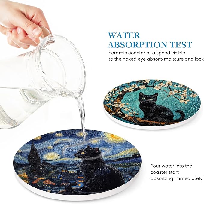 6 Pcs Black Cat and Van Gogh Art Coasters for Drinks,Round Absorbent Ceramic Coaster with Metal Holder, Starry Night Sunflower Irises Flower Cat Coaster with Cork Base for Coffee Party Gifts