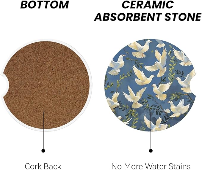 Absorbent Ceramic Car Coasters for Cup Holders, Pigeon Design 2.56" Anti Slip Universal Drink Cup Coasters for Women Men (2 Pack)
