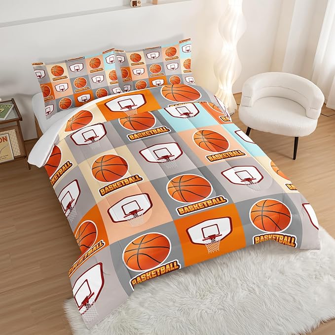 Basketball Bedding Kids Comforter Set Full Size,Sports Style Basketball Printing Bedding Set for Teens Boys Room Decor,Ball Sports Games Comforter Set Soft Kids Bedding with 2 Pillowcases.