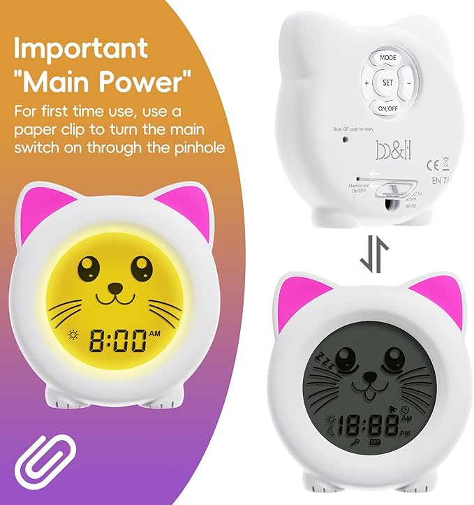 B&H Sleep Trainer Clock for Toddler - Ok to Wake Clock, USB Rechargeable Cat Kids Alarm Clock, Drop Proof, Night Light, Science-Backed Lighting for Peaceful Sleep and Ready to Rise Mornings - Kitty