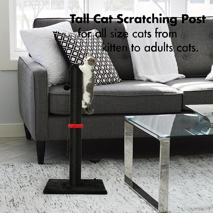 MECOOL Cat Scratching Post Premium Sisal Scratch Posts with Hanging Ball Vertical Scratcher for Indoor Cats and Kittens (Black, 34 inches for Adult Cats)