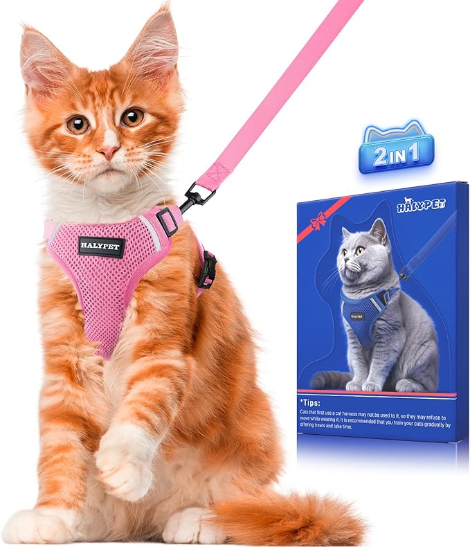 Halypet Cat Harness and Leash Set [ MAX Safety Third Generation ] Escape Proof Soft Adjustable Cat Leash Breathable Comfortable Vest Easy to Wear Kitten Harness for Outdoor Walking Pink Small