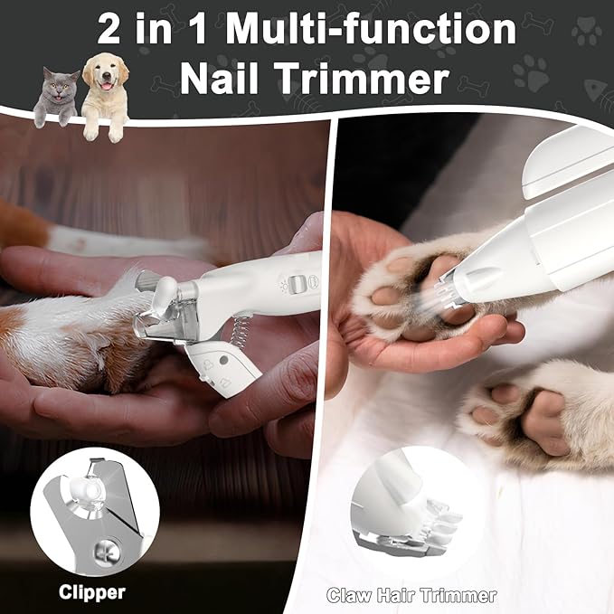 2 in 1 Dog Nail Clippers & Dog Paw Trimmer for Large Medium Small Dogs, USB Rechargeable Dog Nail Trimmers with 2 LED Light and Safe Lock Design for Dogs and Cats