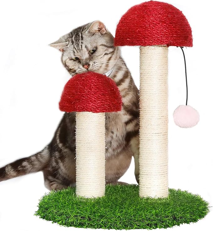 Mushroom Cat Scratching Post, Natural Durable Sisal Scratching Post, Mushroom Scrather Featuring with Sisal Caps Scratch Pole and Interactive Toy Ball, Mushroom Cat Post for Kittens and Small Cats
