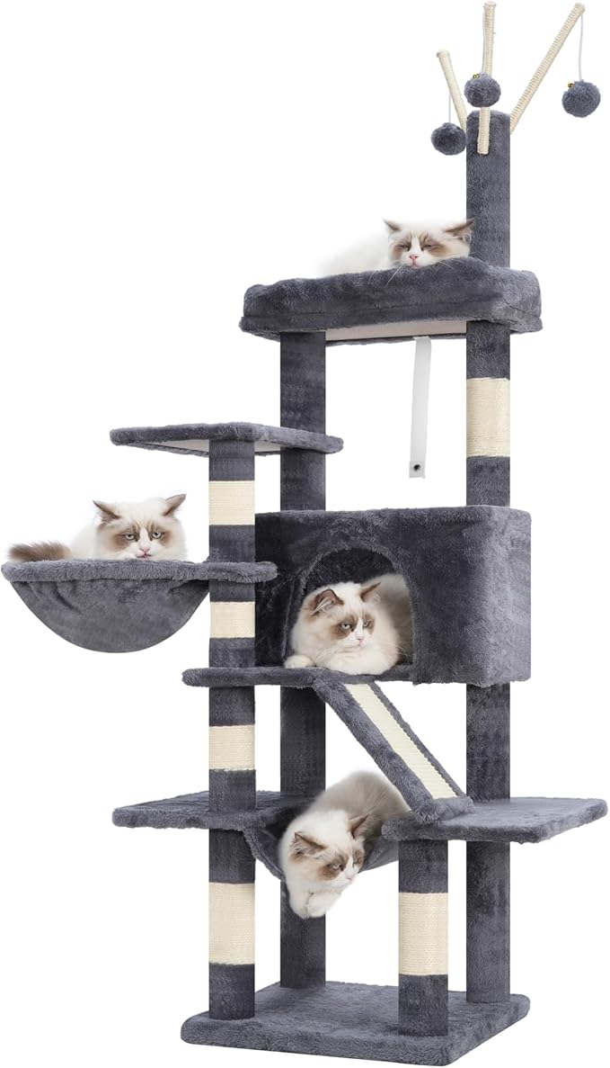 Cat Tree, 63 inch Multi-Level Cat Tower for Indoor Cats, Cat Condo with Cat Scratching Post and Board, Cat Hammock, Smoky Gray GCT011G