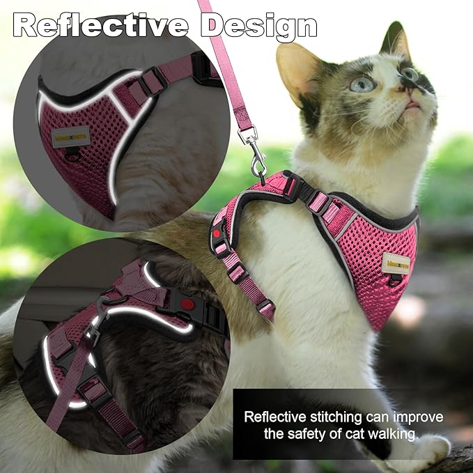 Cat Harness and Leash for Walking, Retractable Cat Harnesses and Leash Set Escape Proof, Breathable Soft Kitten Harness Small Large Cat Harness for Travel Training and Walking, Pink, S