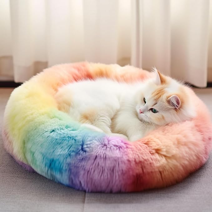 ShellKingdom Cat Beds for Indoor Cats, 24 inch Large Dog Bed for Small Medium Large Dogs, Cute Round Fluffy Plush Pet Bed for Puppy Kitten, Self Warming Calming Soft Donut Cat Bed, Rainbow
