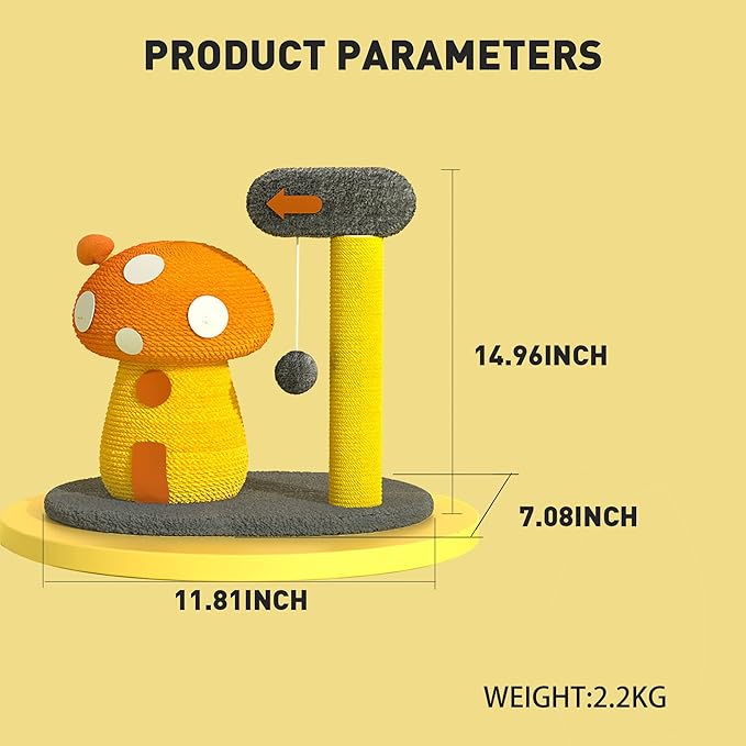 Cat Tree Tower,Cat Scratching Post, Mushroom Tall Cat Scratcher Featuring with Natural Sisal Scratching Poles and Interactive Toy Ball for Kittens and Small Cats Pet Play House