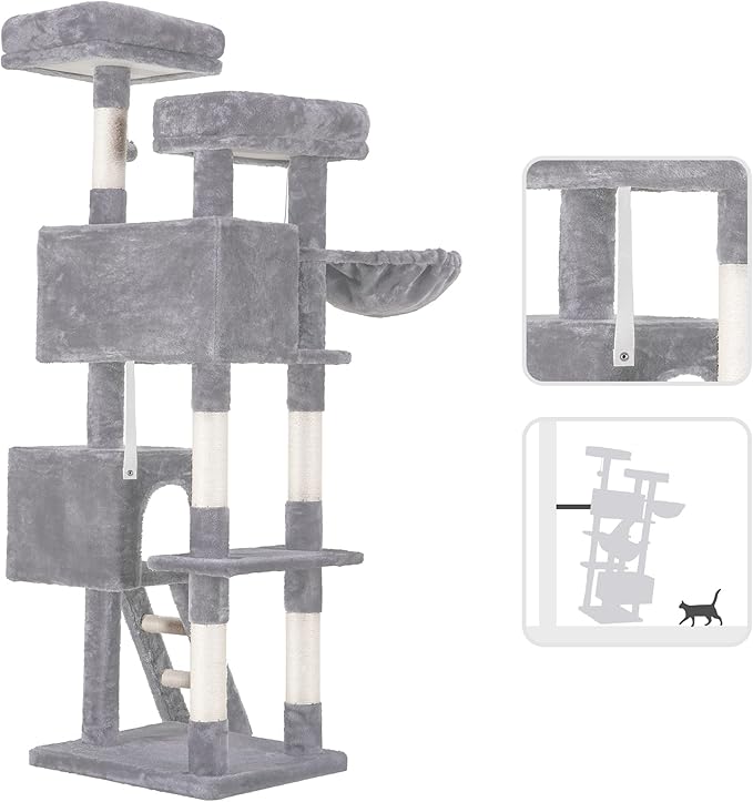 Heybly Cat Tree, Cat Tower for Indoor Cats,Multi-Level Cat Furniture Condo for Large Cats with 2 Padded Plush Perch, Cozy Basket and Scratching Posts HCT023W