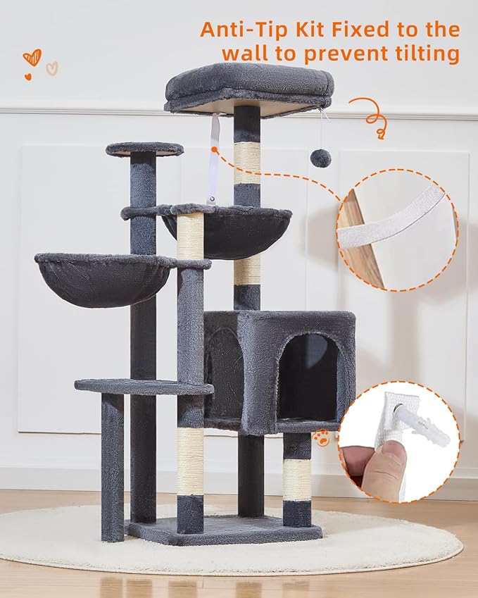 Taoqimiao Cat Tree, 48-Inch Cat Tower for Kittens, Cat Tree Tower with 5 Scratching Posts, Plush Cat Condo with Plush Perch, 2 Hammock, Pompoms, Smoky Gray MS019L-G